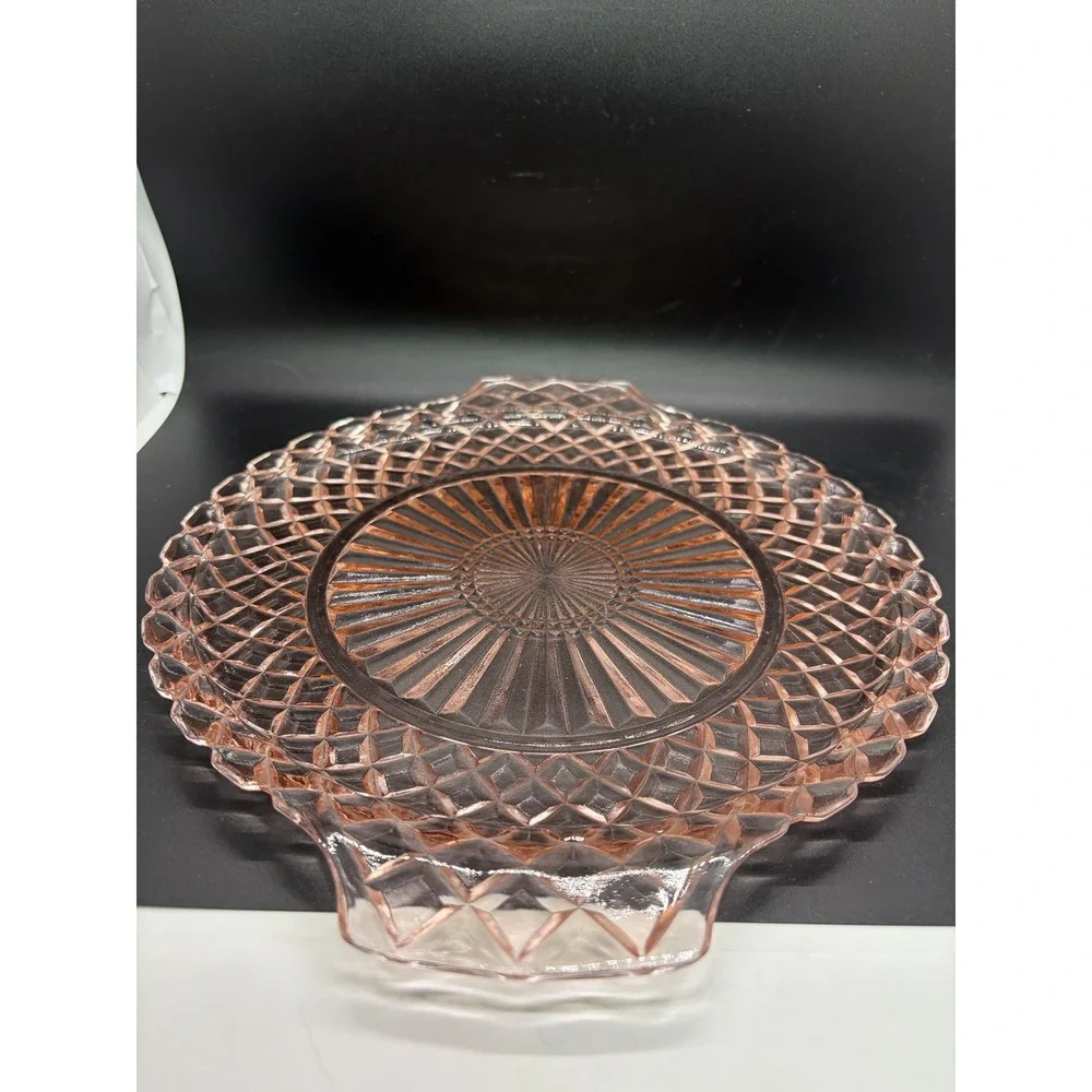 Vtg Anchor Hocking Waterford‎ Pink Glass Round Platter Cake Plate Handled 10